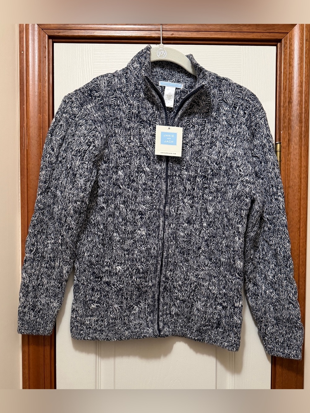 NWT Janie and Jack girls Navy Blue &White cable knit full zip up sweater size  8